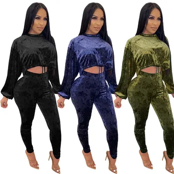 

Diamond Fleece Solid Color Drawstring Two - Piece Set Women Short Elastic Waist Casual Full Length Polyester Ankle-Length