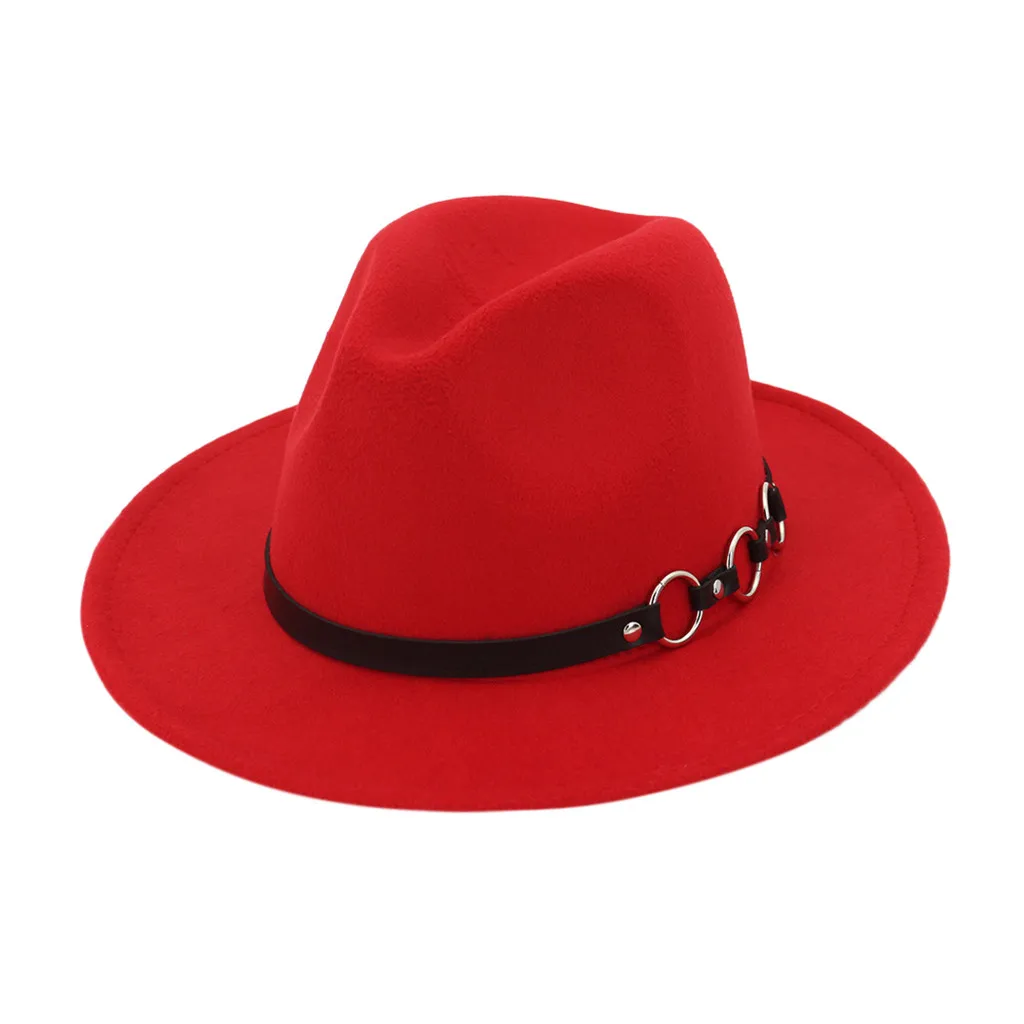 Men& Women Vintage Wide Brim Hat with Belt Buckle Adjustable Outbacks Hats Fedoras Chapeau Sombrero Mujer шапка женская#15 - Цвет: Красный