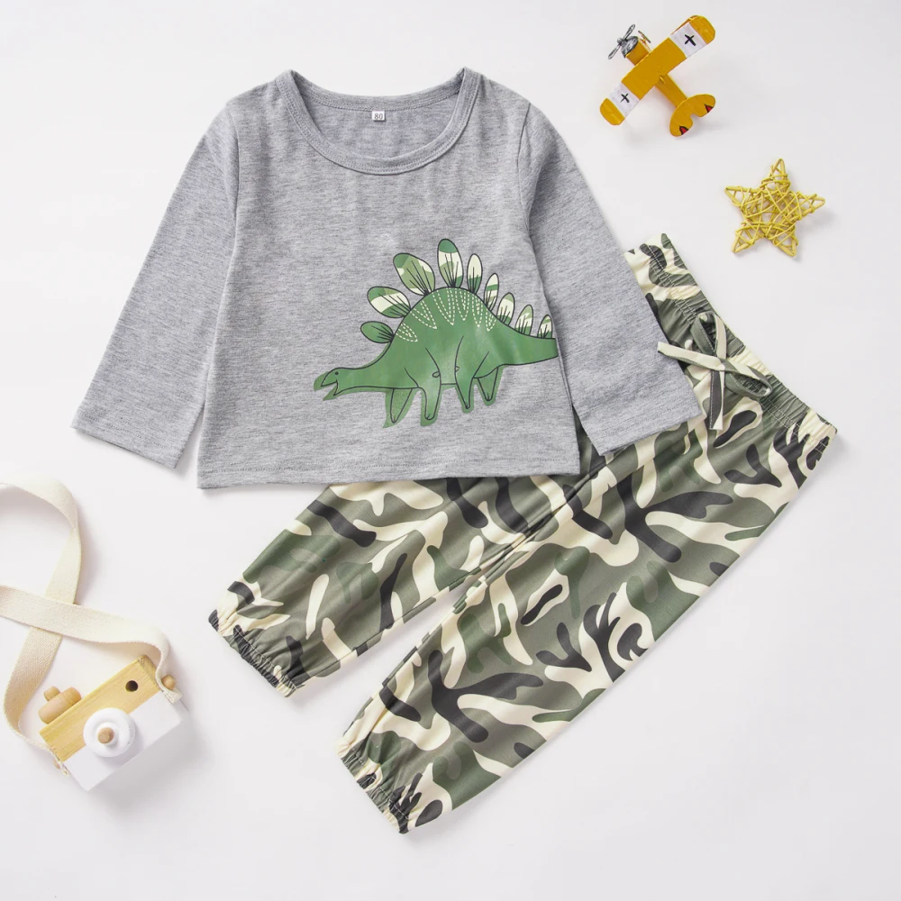 Повседневная детская одежда для маленьких мальчиков и девочек Футболка с динозавром+ камуфляжные штаны комплект из 2 предметов, спортивный костюм