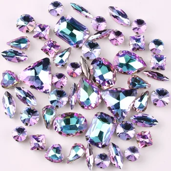 

Silver claw settings 50pcs/bag shapes mix Violet rainbow glass crystal sew on rhinestone wedding dress shoes bags diy trim