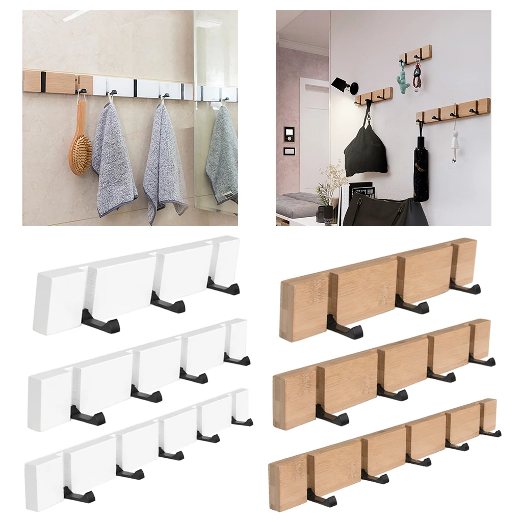 Foldable Wood Metal Hook Wall Hanger for Bathroom Towel Key Hat Clothes Bag Wall Mounted Hook Robe Clothing Towel 5 Hooks