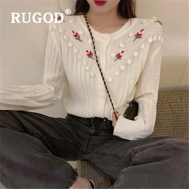 RUGOD корейский стиль длинный рукав вязаный кардиган с цветочной вышивкой свитер женская зимняя одежда женская осень