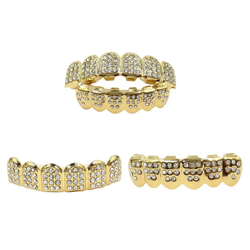 

Portable Hip Hop Teeth Grillz Top & Bottom Grill Teeth Grills Gold & Silver Plated Halloween Party Vampire False Canine Teeth