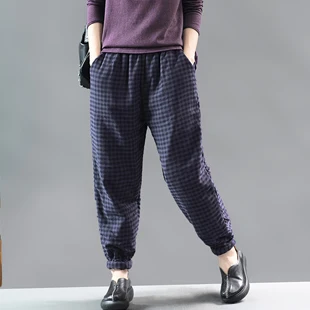 Женские штаны с хлопковой подкладкой, брюки, большие длинные свободные клетчатые Ретро Винтажные модные повседневные штаны для осени и зимы AZ69181721 - Цвет: B