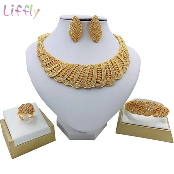 

Liffly Fashion Bridal African Jewelry Set Beautiful Wave Necklace Earrings Ring Bracelet Female Nigerian Wedding Jewelry Sets