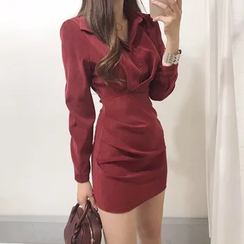 

High Waist Bag Hip Sexy Club Dress 2019 Autumn Korean Solid Colors Fashion Long Sleeved Turn-down Collar Button Short Dress