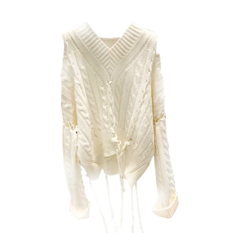 

Autumn Sweater New Style Women Fringed Stitching Shoulder-leaking Hollow Twist Knitted Sweater V-Neck Pullovers Sweater Women