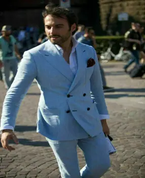 

Latest Linen Blue Men Double Breasted Suit Groom Tuxedo Party Dinner costume Prom Wedding Peak lapel men'blazer (jacket+pants)