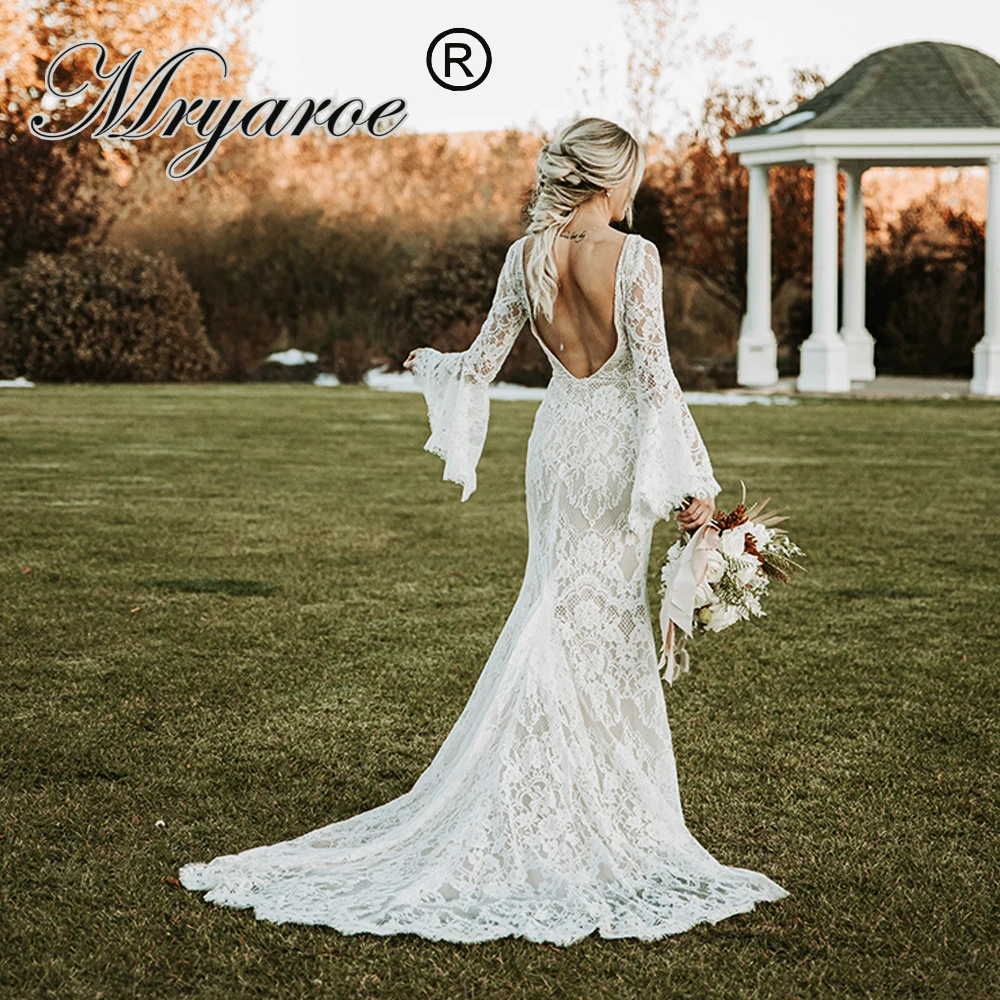 Mryarce esclusivo abito da sposa con maniche lunghe a campana BOHO in pizzo  francese aperto indietro abiti da sposa|Wedding Dresses| - AliExpress