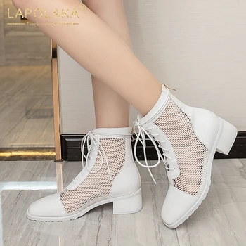 

Lapolaka 2020 New Fashion Large Size 43 Mesh Square Heels Summer Boots Woman Shoes Zip Up Black White Shoes Women Boots Female