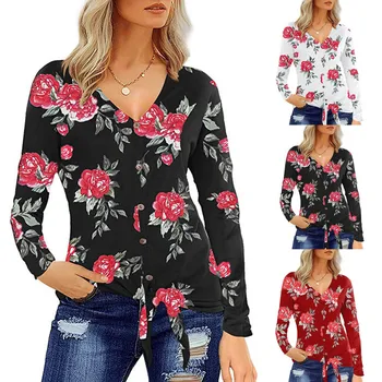 

Women's Long Sleeve Shirt Buttoned Hem Tied Print Top Blouse Dropshipping Leisure jobs Christmas fashion Europe free shipping