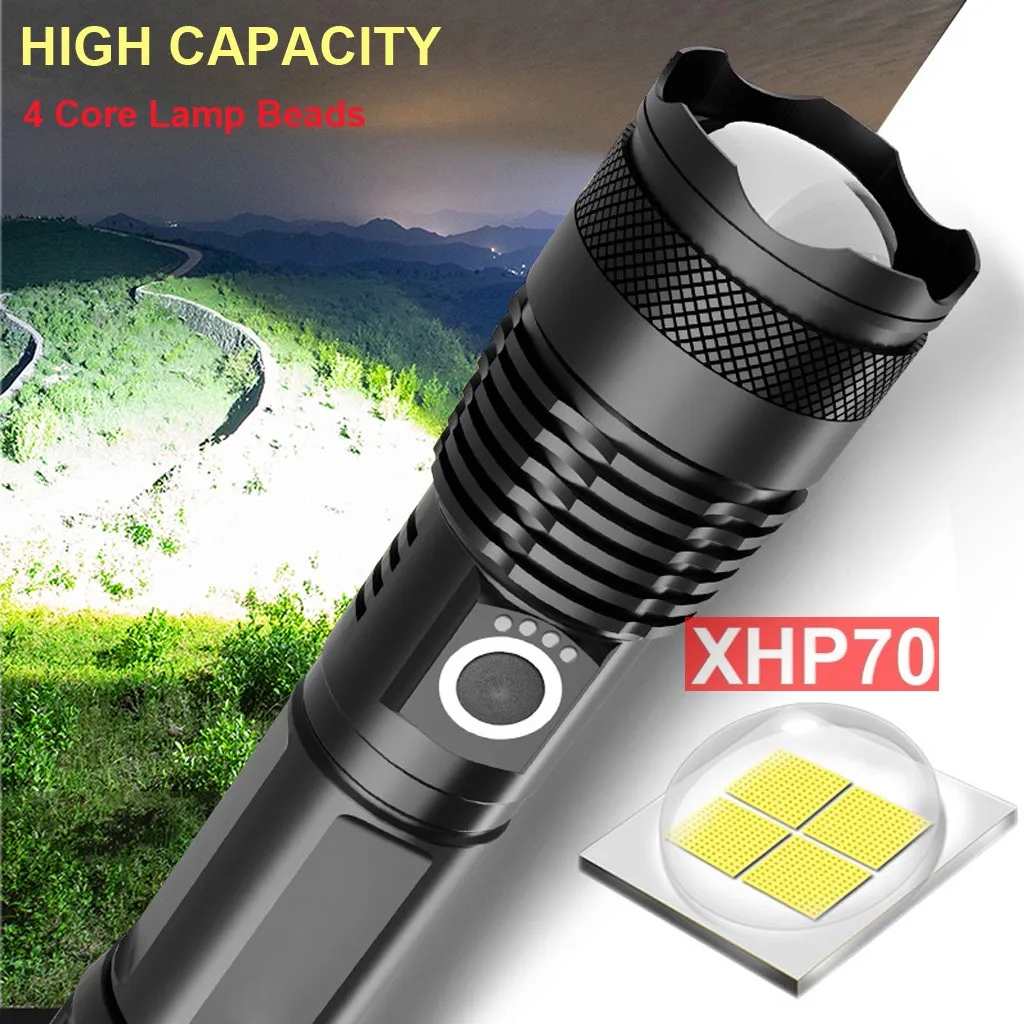 Светодиодный светильник-вспышка XHP70 фонарь USB Перезаряжаемый водонепроницаемый светильник ультра яркий кнопочный переключатель белый светильник для пеших прогулок светодиодный светильник-вспышка