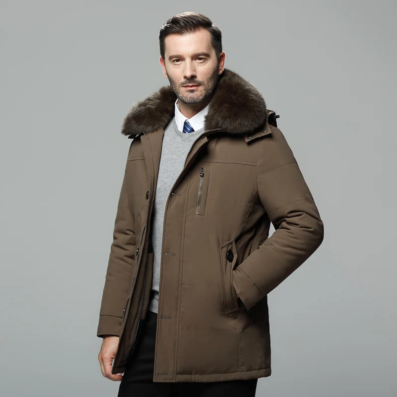 Зимний пуховик для мужчин среднего возраста с капюшоном с воротником из натурального меха размера плюс, мужское зимнее пальто, парки, утолщенная Теплая мужская одежда - Цвет: Brown