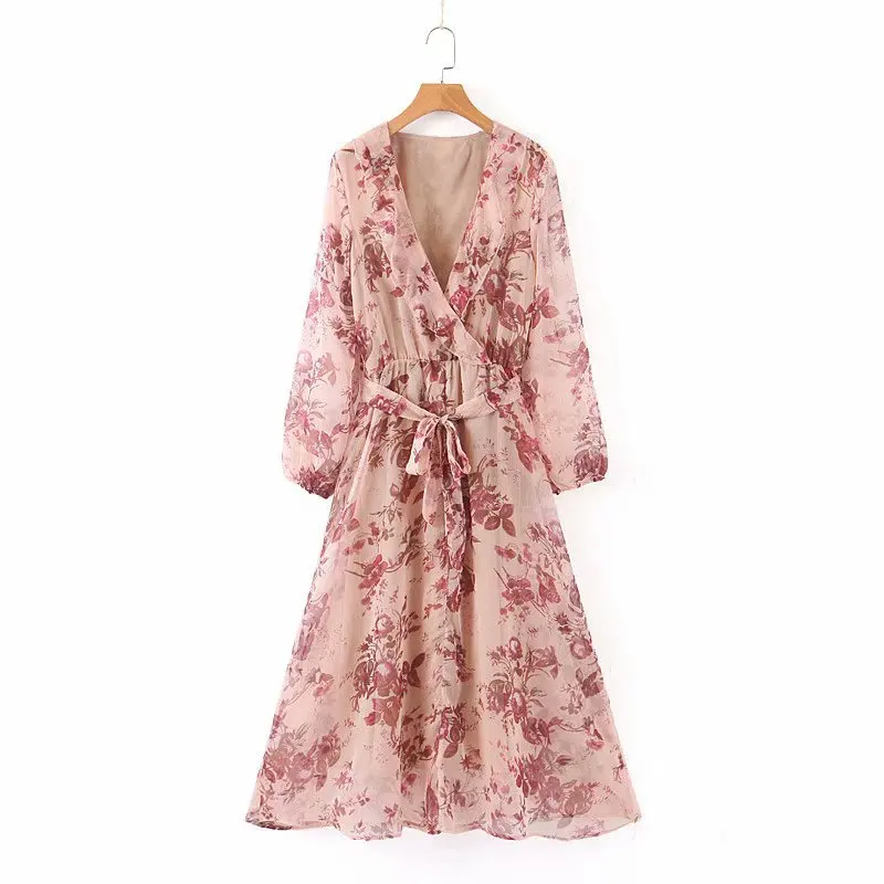 

Europe And America Women's Dress 2019 Autumn New Style Western Style Floral Print Flounced Waist Hugging Big Hemline Dress