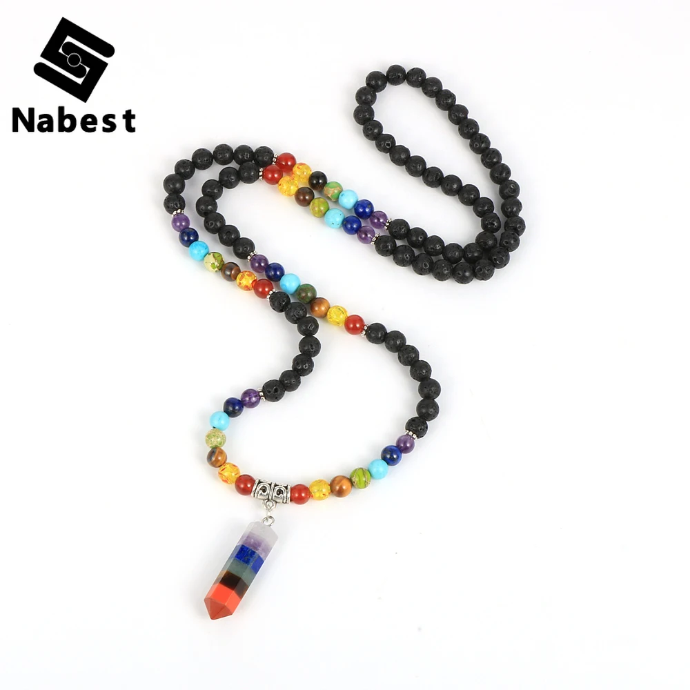

7 ожерелье чакры 108 Mala бусы Лава исцеляющий камень кристалл шестиугольный Кулон Ожерелья Цепочка на свитер ювелирные изделия