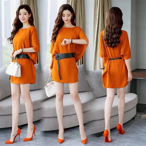 

2018 Summer New Style Batwing Shirt Korean-style Trend Versatile Loose-Fit Slimming Crew Neck Mid-length Slim Dress Women's