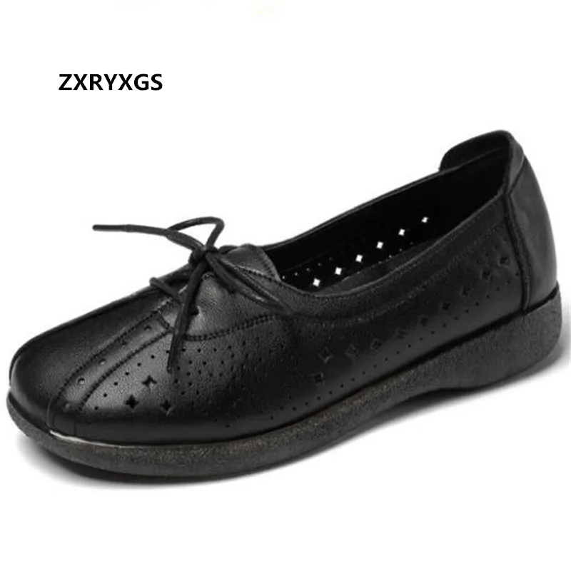 

2023 New Spring Comfort Breathable Genuine Leather Women Flats Hole Shoes Casual Sneakers Soft Sole Non-slip Elegant Women Shoes