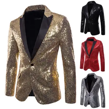 

Chic Men Solid Color Lapel Collar Shiny Sequins Button Sliming Club Blazer Jacket Wedding Party Suit Jacket men clothing hot