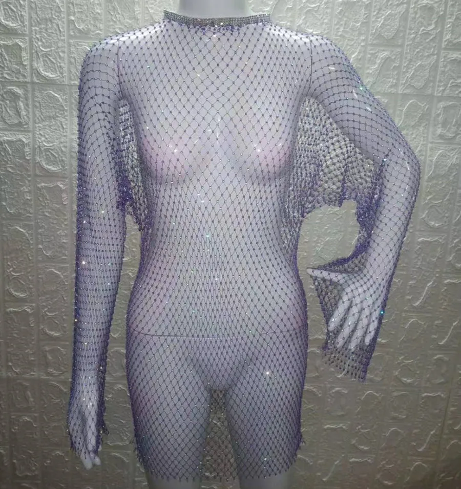 VIKINII Long Sleeve Hollow Summer Beach Crystal Dress 2020 Sexy Women Cover Ups Rhinestone Dresses Gold Beach Female Cover Ups