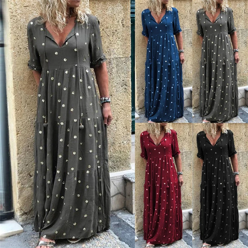 

Long Dress Summer Women Boho Style Polka Dot Printed Party Maxi Dress Female Loose Cold Shoulder Dress