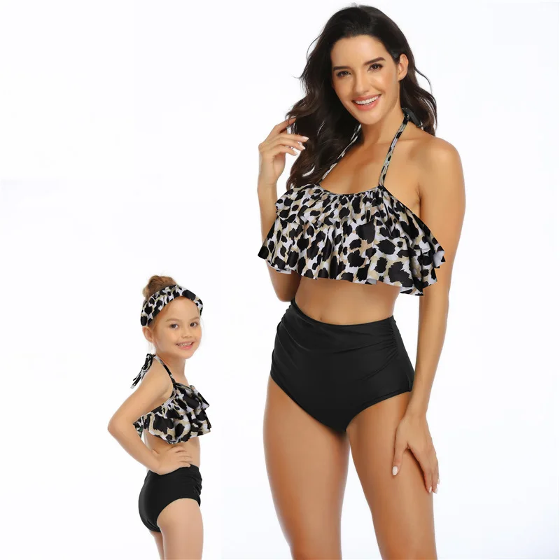 

2020 New Summer Family Matching Flower Swimsuit Women Girls Swimwear Bikini Mom And Daughter Bathing Suit Swimsuit Leopard Print