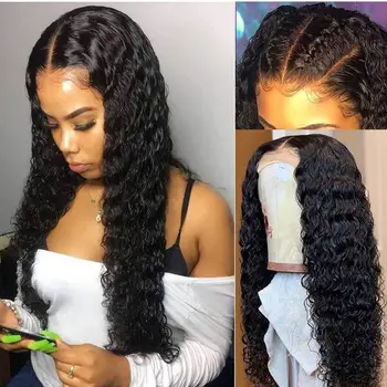 

Jet Black Deep Wave PU Silk top wig Middle Ratio Transparent Lace Adjustable Strap Lace front wig 150％Density Preplucked Remy
