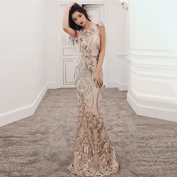 

Gold Floral Sequined & Crystal BeadsSleeveless Clubwear Sexy Mermaid Party Dresses Elegant Formal Long Dress For Prom For Woman