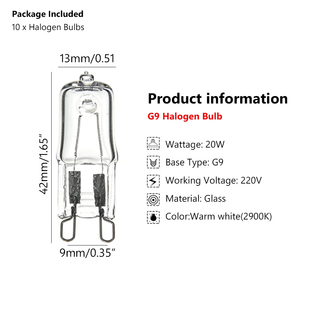 20W G9 10x Halogen Bulb Lamp 220V 2900K indoor lighting Super Bright Warm White Halogen Light For Wall Lamps Clear Glass Each