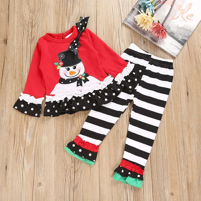 

Christmas Girl Clothes Set Santa Claus Applique Top Striped Ruffle Pants 2pcs Cartoon Cute Kids Baby Outfits