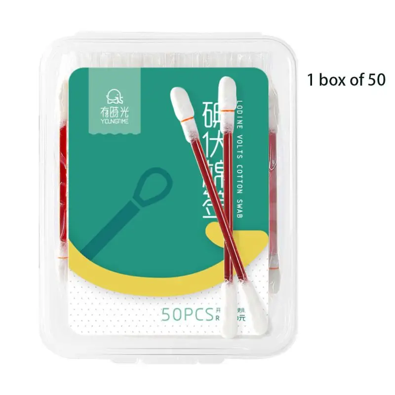 

50Pcs/Box Disposable Medical Iodine Swab Disinfected Cotton Stick Clean Wounds Care Sterilization Travel Portable First Aid Kit
