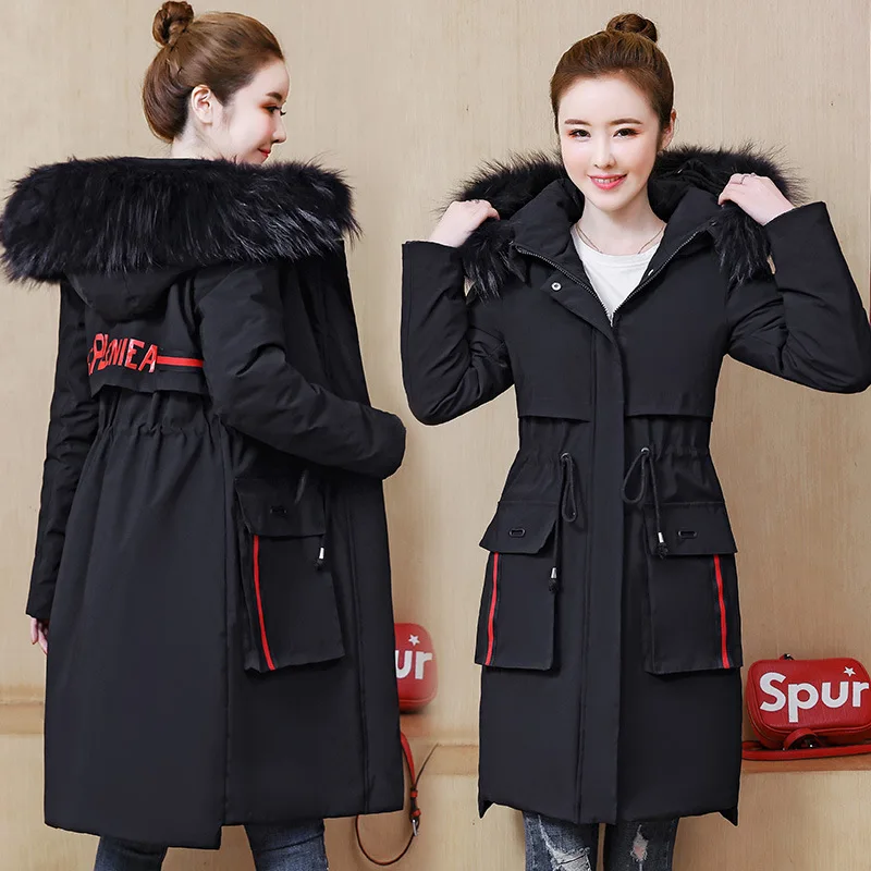 

Cotton-padded Clothes Women's Mid-length Students Cotton Coat Korean-style 2019 Winter New Style Large Fur Collar Hooded Drawstr