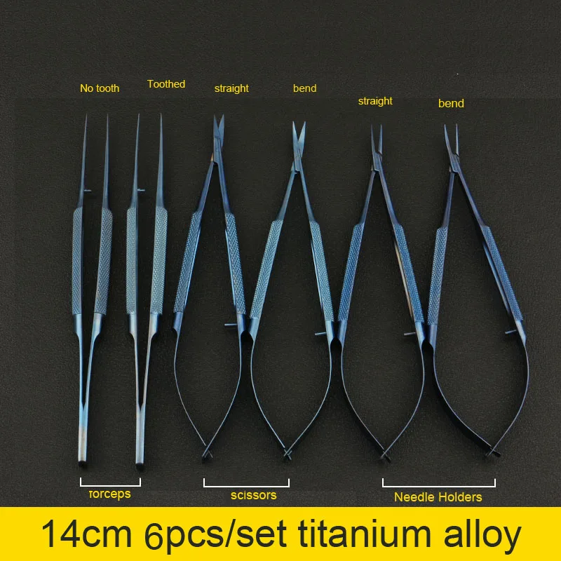 6pcs-set 4 шт./компл. 14 см титановые микрохирургические инструменты Инструменты для микрохирургии комплект ножницы игла Держатель Щипцы - Цвет: 6pcs-set