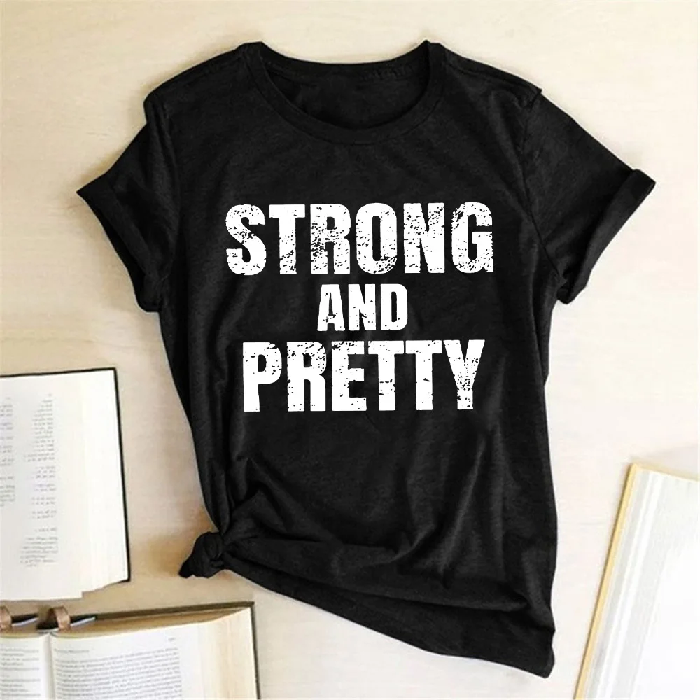 Футболка женская с принтом Strong and Pretty модная Повседневная рубашка воротником в