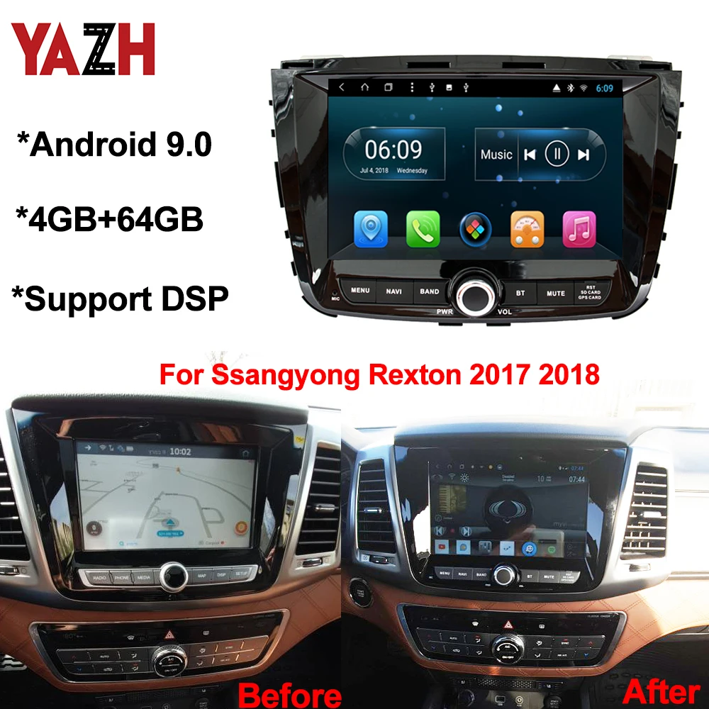 Автомагнитола YAZH на Android 9 0 4 + 64 ГБ для Ssangyong Rexton 2017 2018 GPS навигация дюймов Bluetooth 5