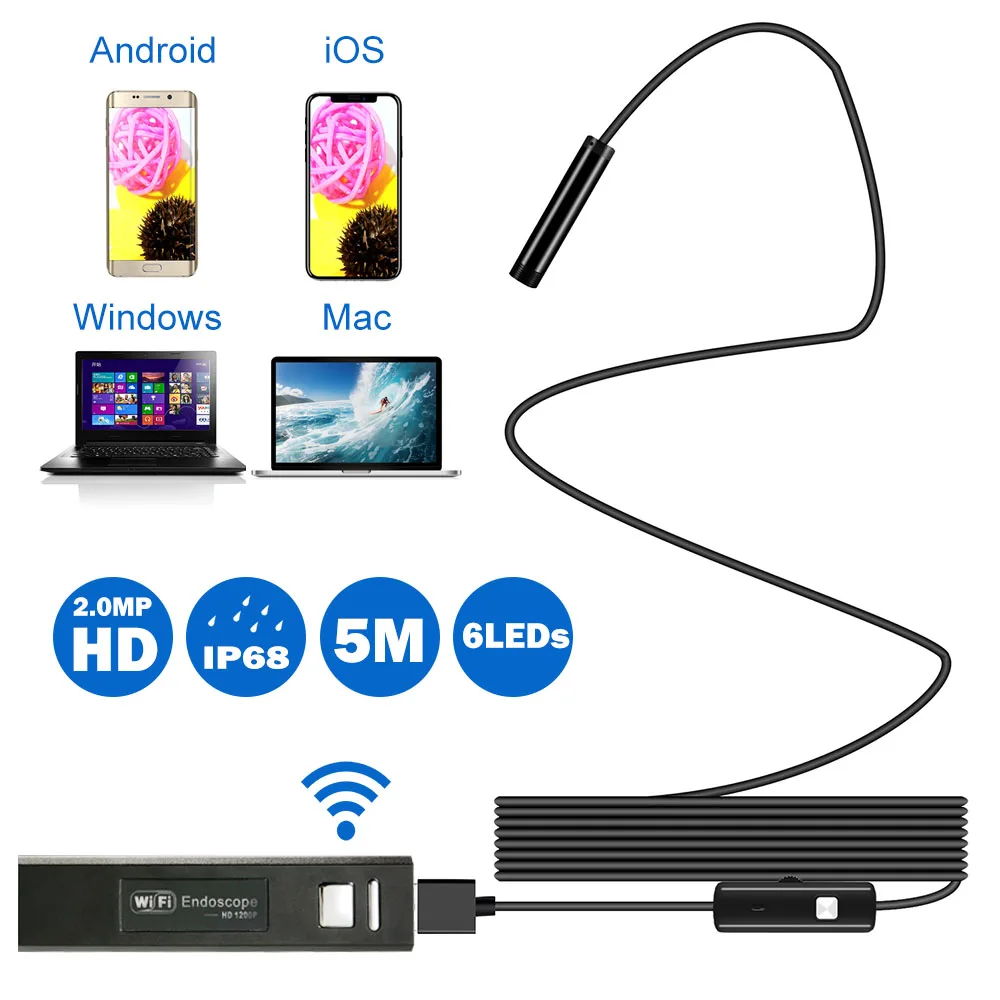 

WIFI Endoscope Camera HD 1200P Mini Waterproof Soft Cable 2.0 Megapixels Inspection Camera 8mm 6LED 1M/2M/3M/4M/5M USB Endoscope