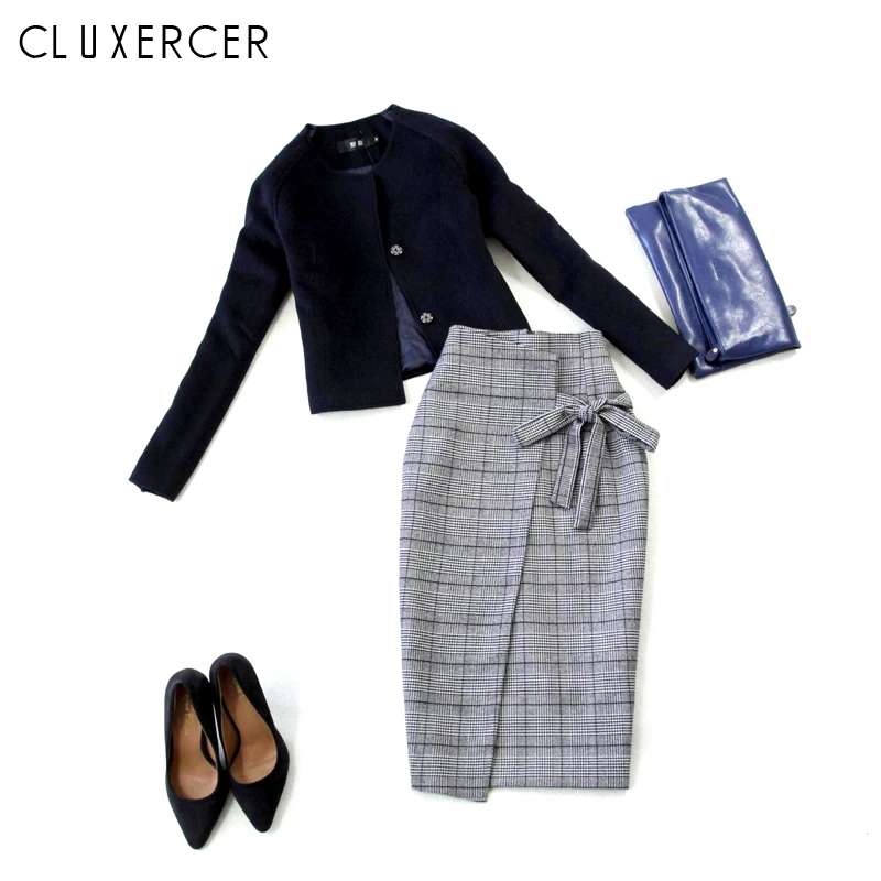 

High Quality Women 2 Piece Set Autumn Winter Navy Wool Single Breasted Jacket Coat + Plaid Skirt Suits Elegant Women Suits