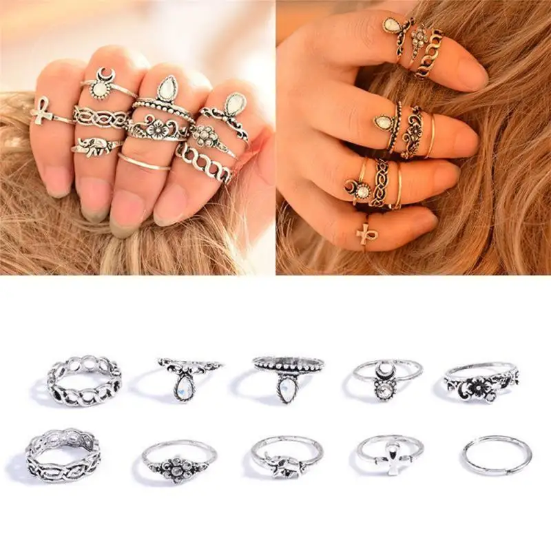 

10 Pcs/set Ring Sets Punk Knuckle Rings Ancient Gold Silver Color Ethnic Style Rings Europe And America Bohemia Jewelry Gifts