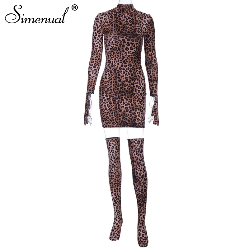 Simenual сексуальное леопардовое женское мини-платье с перчатками и чулками вечерние Клубные Модные облегающие платья с длинным рукавом обтягивающие