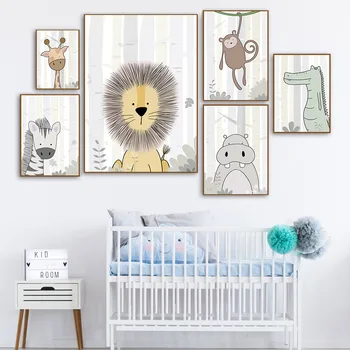 

Woodland Poster Zebra Giraffe Lion Canvas Print Baby Animal Nursery Wall Art Painting Nordic Wall Pictures Kids Room Decoration