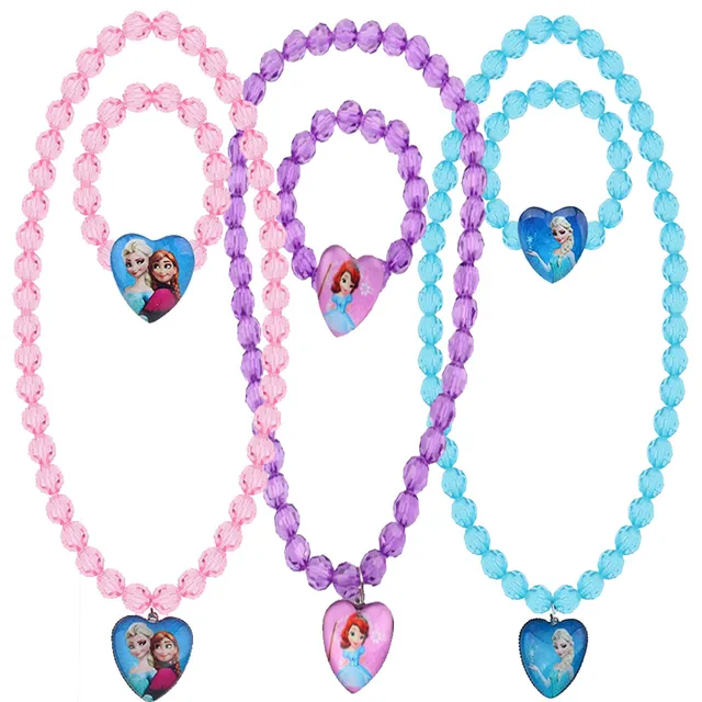 2Pcs/Set Disney Frozen 2 Necklace Cartoon Princess Bracelet Toys Accessories Heart Shaped Pendant Girls Birthday Children Gift 1