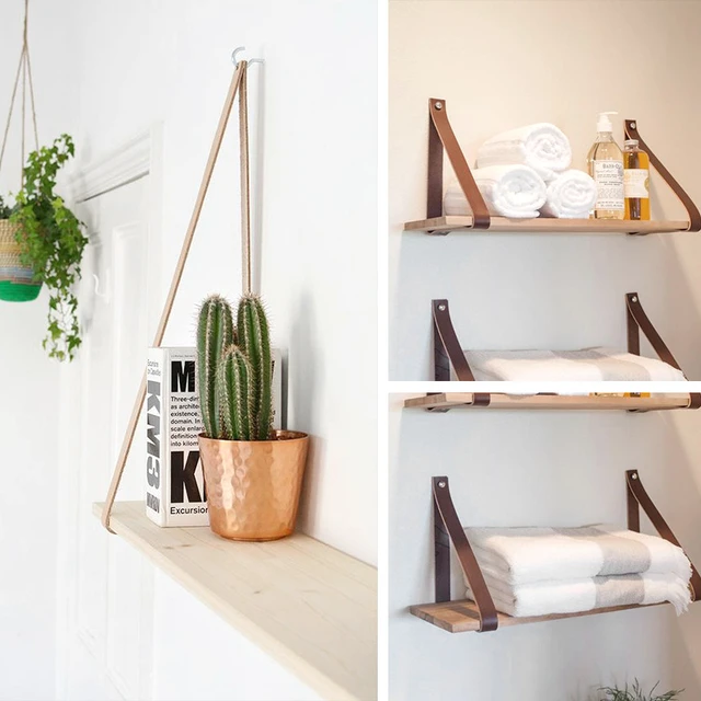 Home Bathroom PU Leather Hanging Rope Wooden Shelf Rack Plant