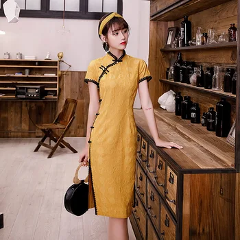 

M-3XL Chinese Style Knee Length Cheongsam Women Elegant Slim Dress Retro High Split Sexy Button Party Evening Qipao Lady Vestido