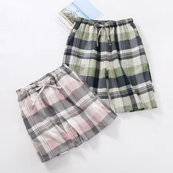 Green Men Drawstring Thin Cotton Yarn Plaid Shorts Pajamas Externally Wearable Home Pants Pink Couples Loose Pocket Beach Pants