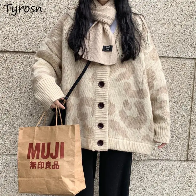 

Cardigan Females Leopard Button Leisure Autumn Winter Warm Loose All-match Streetwear Ulzzang Chic Harajuku Women Sweater Coat