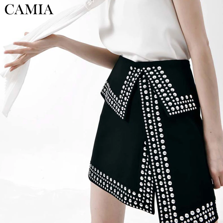 

CAMIA Black High Waist Fork Style Rivet Pattern Skirt High Quality Sexy Women Asymmetry Punk Mini-skirt