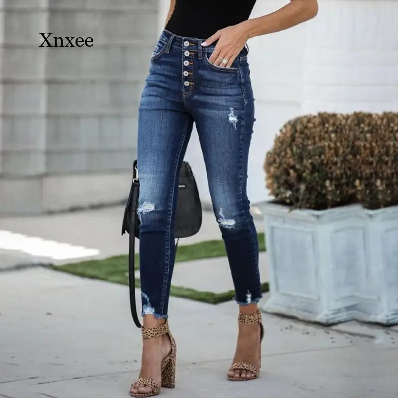 

Summer Women's Dark Blue Jeans with Fringed Buttons, High-Waisted Slim-Fitting Feet Pants, Casual and Soft-Fitting New Fashion