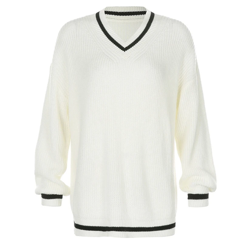 

Women Preppy Style Striped V-Neck Sweater Knitted Long Sleeve Loose Jumper Top