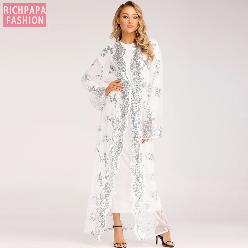 Длинное Кимоно размера плюс, Mujer,, сексуальное, Дубай, Абая, мусульманское, для женщин, вышивка, шифон, сетка, кардиган, блузка, Roupas, женская одежда