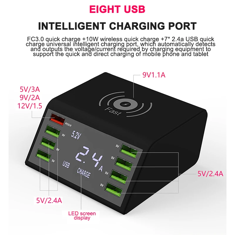 Новое Многофункциональное 8-портовое Беспроводное зарядное устройство с ЖК-дисплеем USB Qi для Iphone X 8 Plus Быстрая зарядка 3,0 быстрое зарядное устройство для samsung S10 S9 S8 Xiaomi Mi 9