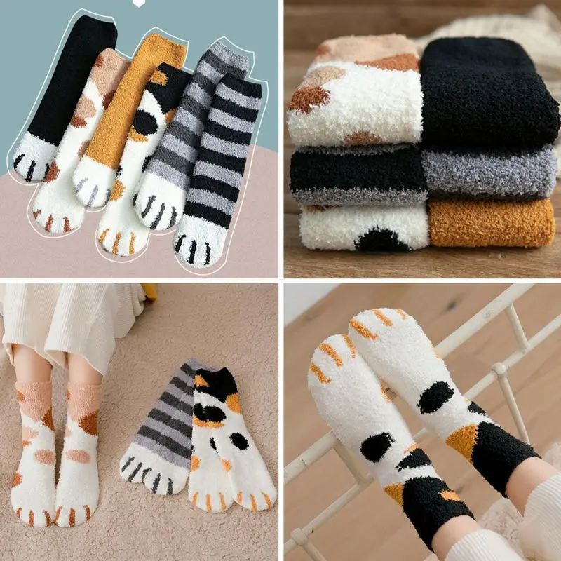 Зимние милые толстые теплые носки-тапочки с когтями для сна; Плюшевые коралловые флисовые Носки; женские носки без пятки